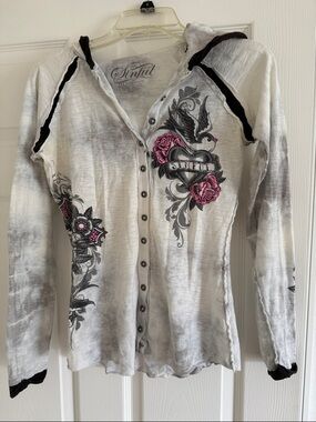 Sinful White and Gray Hooded Button-Front Top with Pink Rose Motif